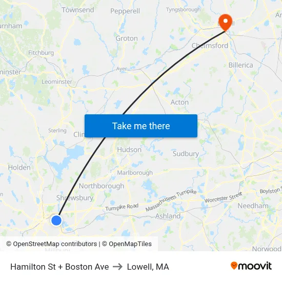 Hamilton St + Boston Ave to Lowell, MA map