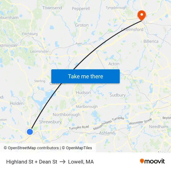 Highland St + Dean St to Lowell, MA map