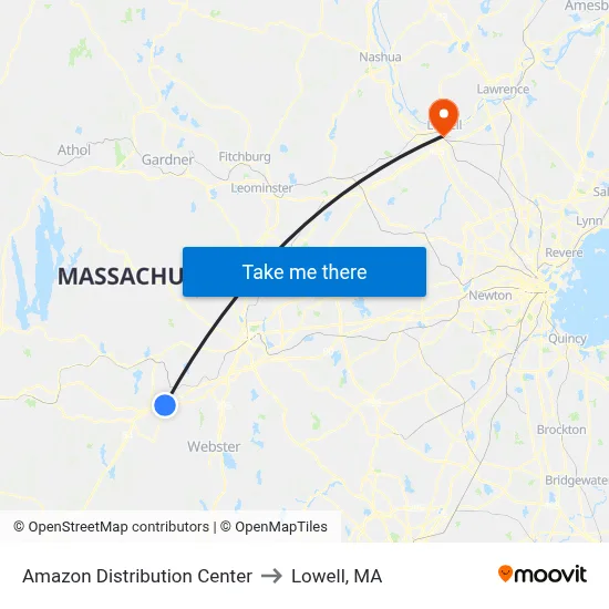 Amazon Distribution Center to Lowell, MA map