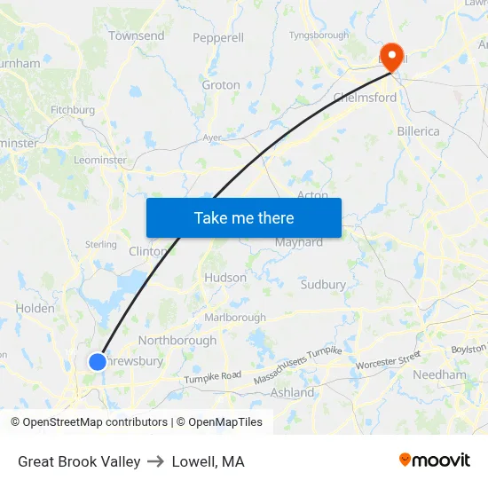 Great Brook Valley to Lowell, MA map