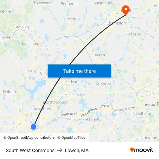 South West Commons to Lowell, MA map