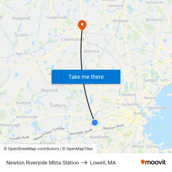 Newton Riverside Mbta Station to Lowell, MA map