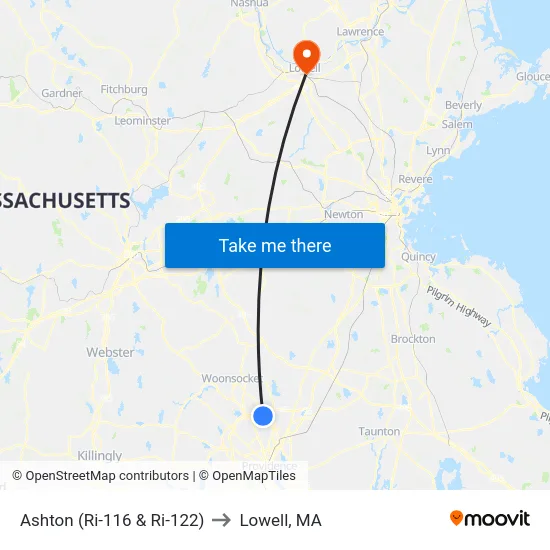 Ashton (Ri-116 & Ri-122) to Lowell, MA map