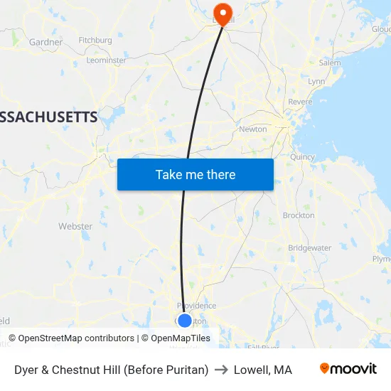 Dyer & Chestnut Hill (Before Puritan) to Lowell, MA map