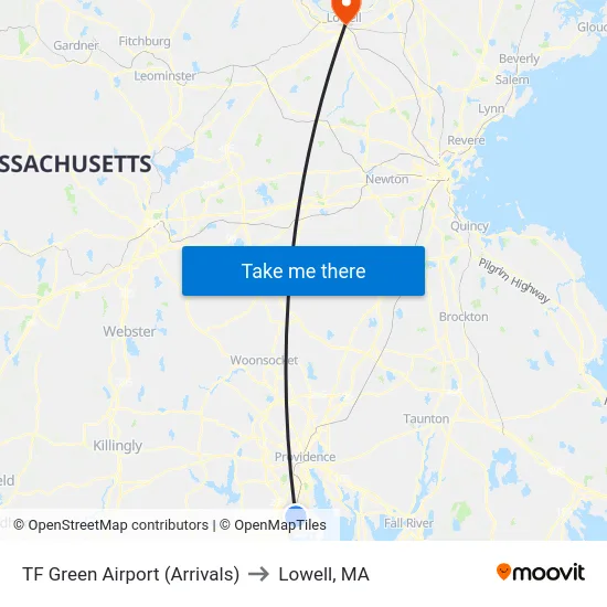 TF Green Airport (Arrivals) to Lowell, MA map