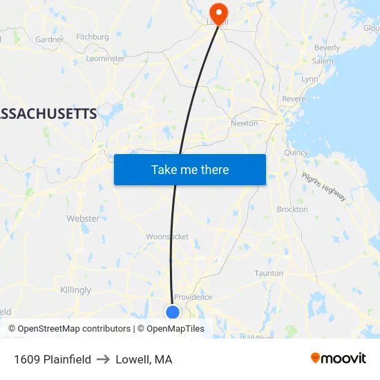 1609 Plainfield to Lowell, MA map