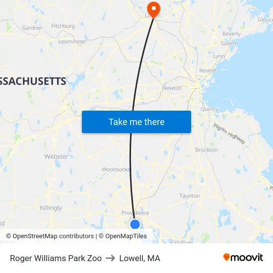 Roger Williams Park Zoo to Lowell, MA map