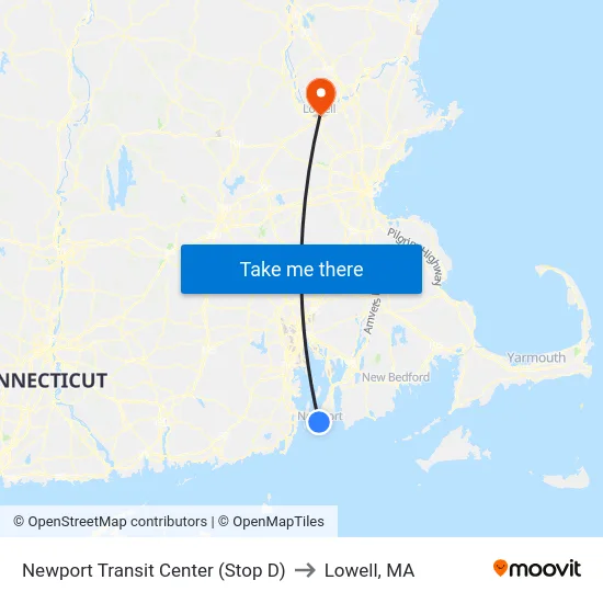 Newport Transit Center (Stop D) to Lowell, MA map