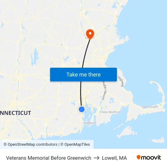 Veterans Memorial Before Greenwich to Lowell, MA map