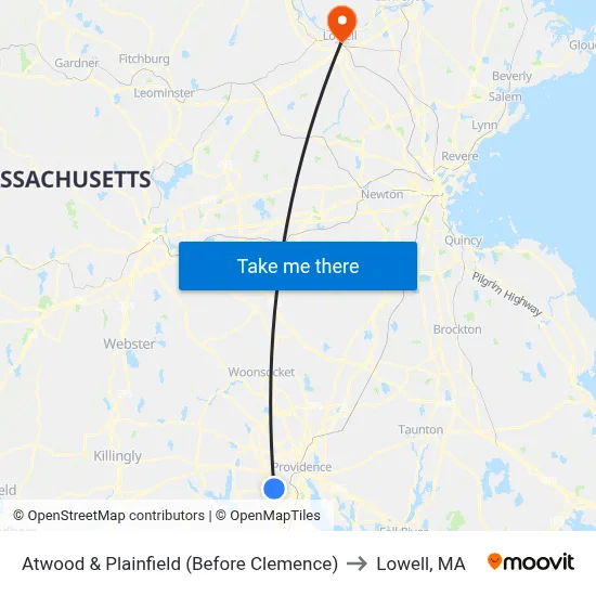 Atwood & Plainfield (Before Clemence) to Lowell, MA map