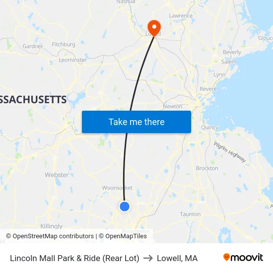 Lincoln Mall Park & Ride (Rear Lot) to Lowell, MA map