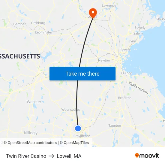 Twin River Casino to Lowell, MA map