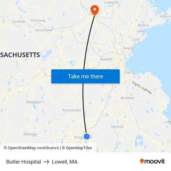 Butler Hospital to Lowell, MA map