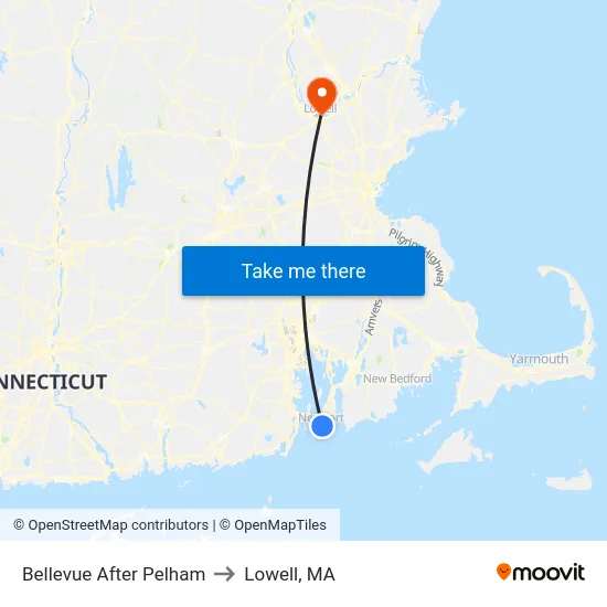 Bellevue After Pelham to Lowell, MA map