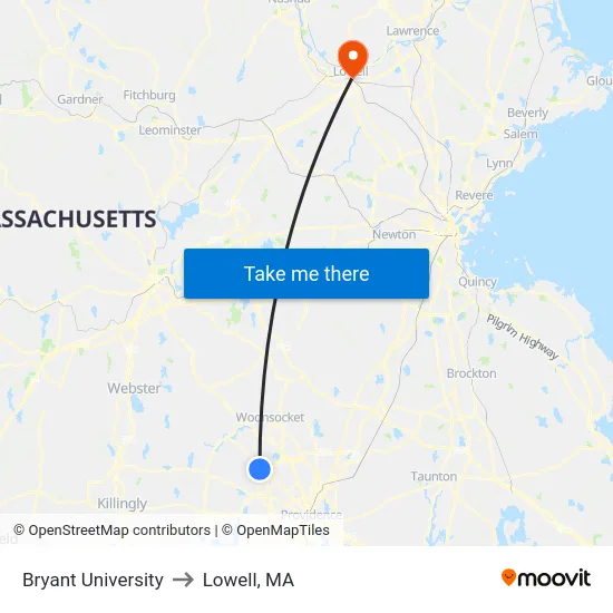 Bryant University to Lowell, MA map