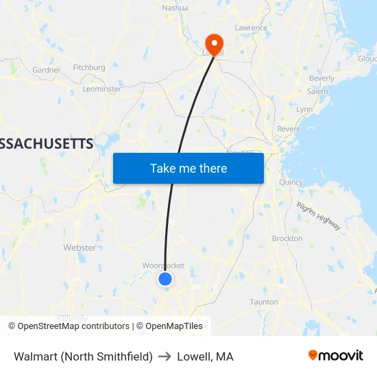 Walmart (North Smithfield) to Lowell, MA map
