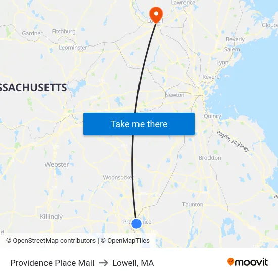 Providence Place Mall to Lowell, MA map