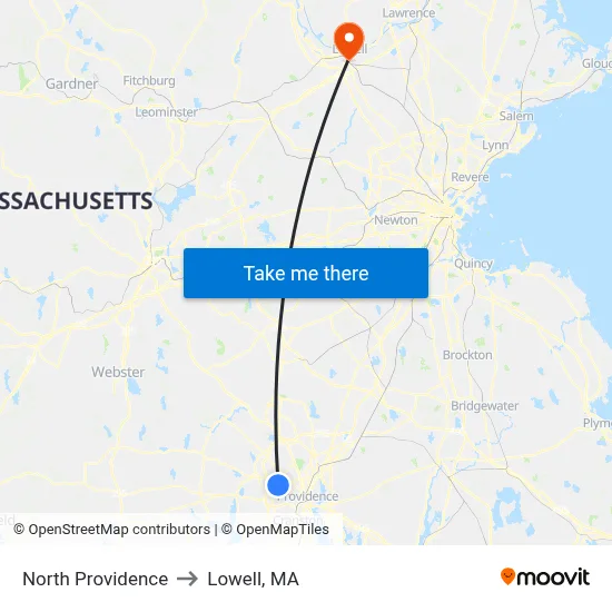 North Providence to Lowell, MA map