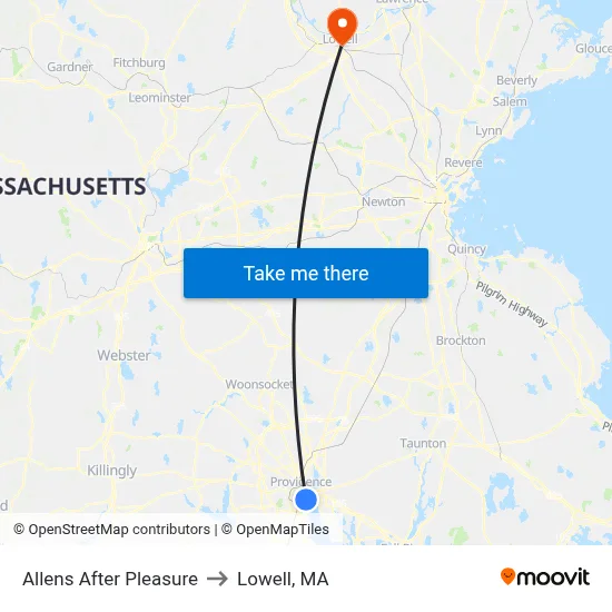 Allens After Pleasure to Lowell, MA map