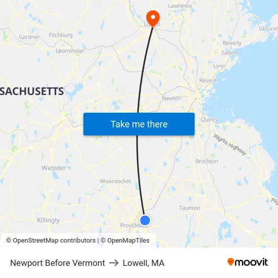 Newport Before Vermont to Lowell, MA map