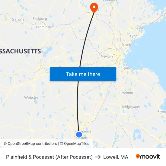 Plainfield & Pocasset (After Pocasset) to Lowell, MA map