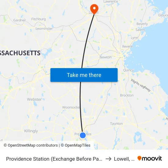 Providence Station (Exchange Before Park Row W) to Lowell, MA map