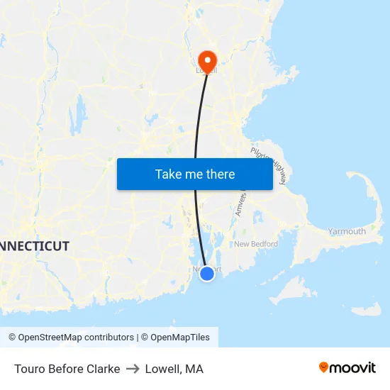 Touro Before Clarke to Lowell, MA map