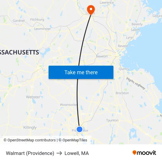Walmart (Providence) to Lowell, MA map