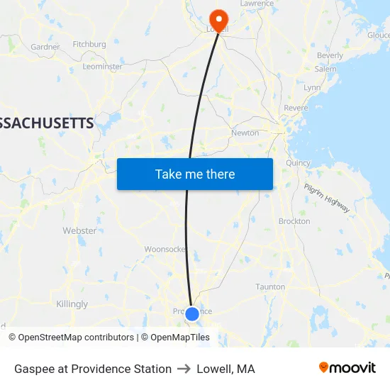 Gaspee at Providence Station to Lowell, MA map