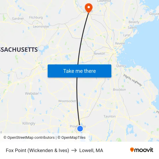 Fox Point (Wickenden & Ives) to Lowell, MA map