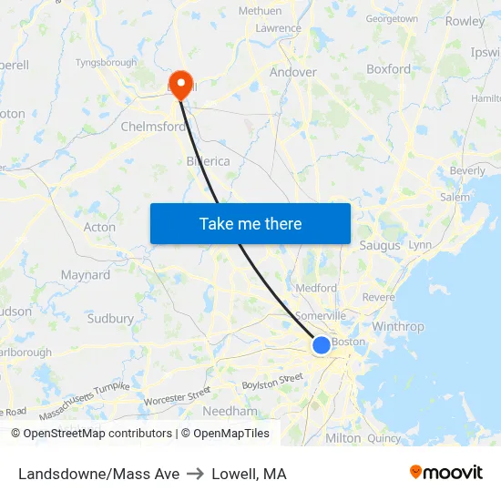 Landsdowne/Mass Ave to Lowell, MA map