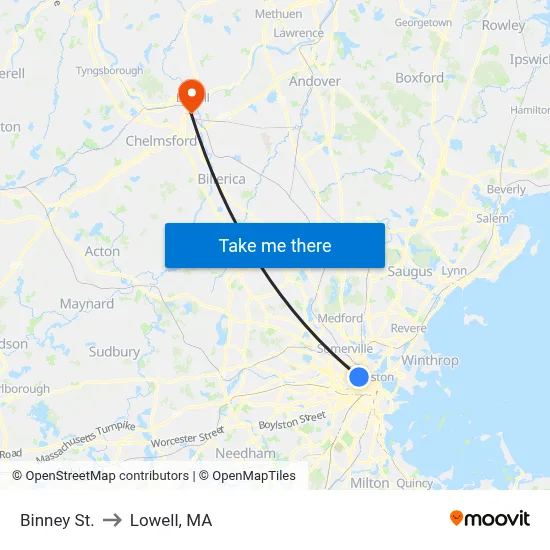 Binney St. to Lowell, MA map