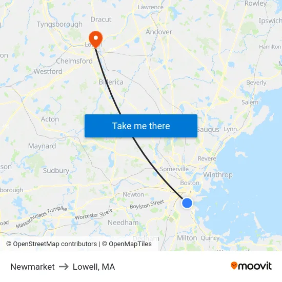 Newmarket to Lowell, MA map