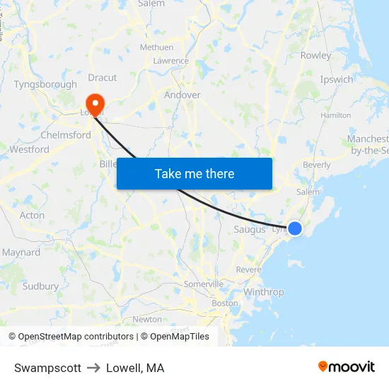 Swampscott to Lowell, MA map
