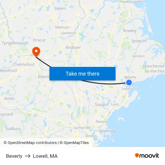 Beverly to Lowell, MA map