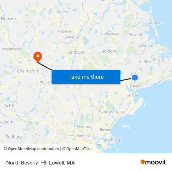 North Beverly to Lowell, MA map