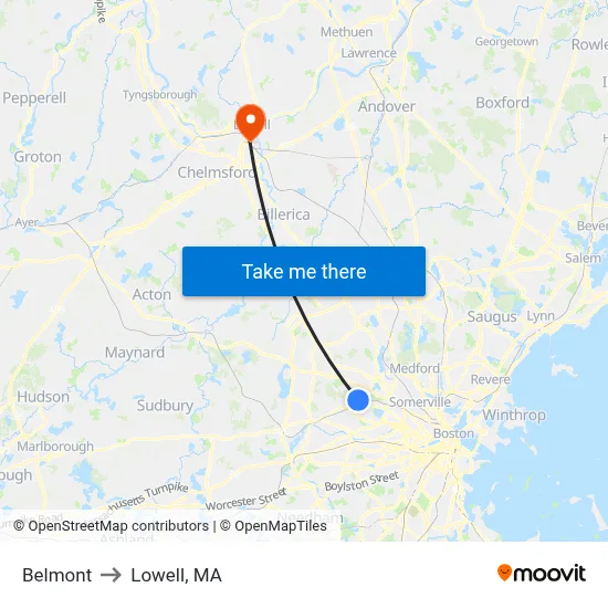Belmont to Lowell, MA map