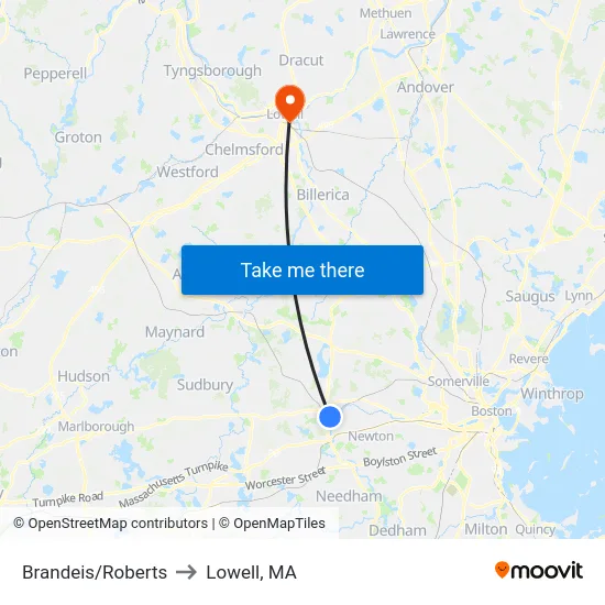 Brandeis/Roberts to Lowell, MA map