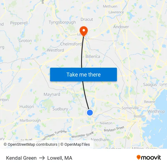 Kendal Green to Lowell, MA map