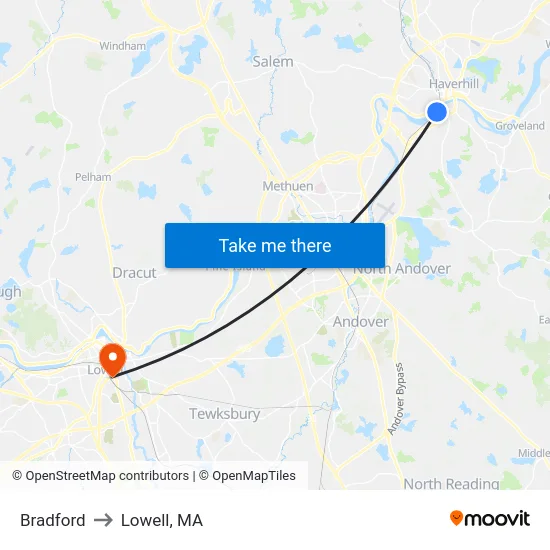 Bradford to Lowell, MA map
