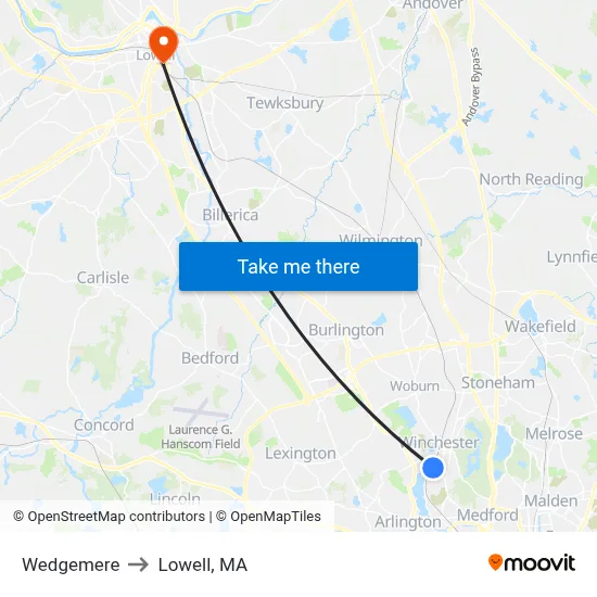 Wedgemere to Lowell, MA map