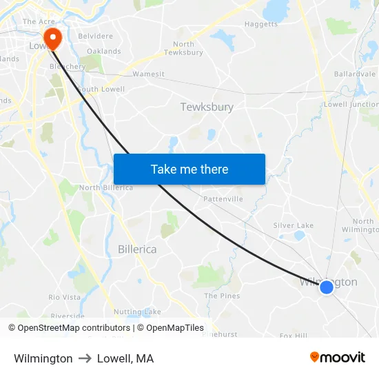 Wilmington to Lowell, MA map