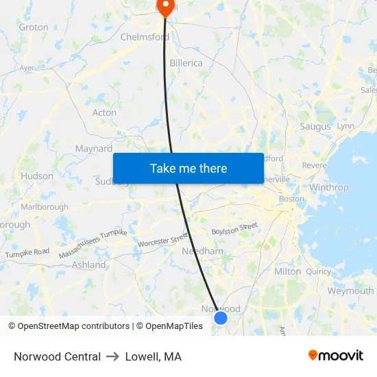 Norwood Central to Lowell, MA map