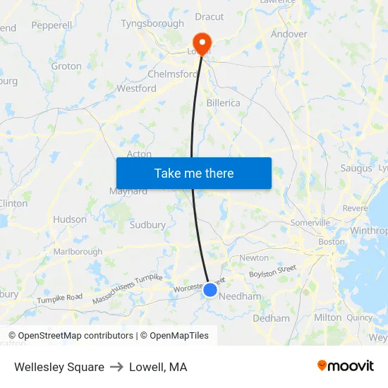 Wellesley Square to Lowell, MA map
