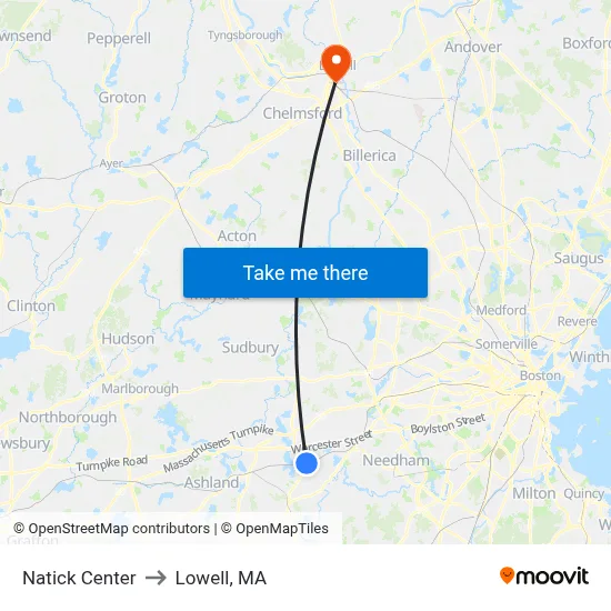 Natick Center to Lowell, MA map
