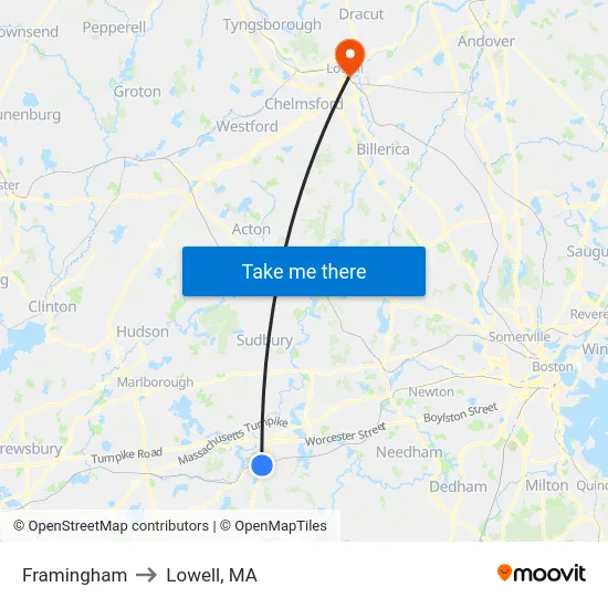 Framingham to Lowell, MA map