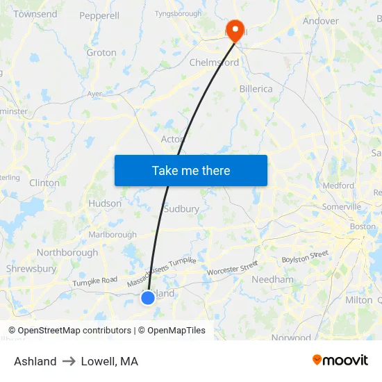 Ashland to Lowell, MA map