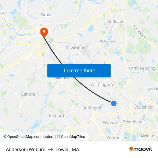 Anderson/Woburn to Lowell, MA map