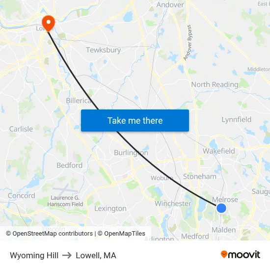 Wyoming Hill to Lowell, MA map