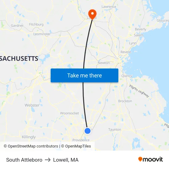 South Attleboro to Lowell, MA map